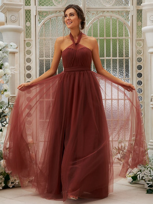 A-Line/Princess Tulle Ruffles Halter Sleeveless Floor-Length Bridesmaid Dresses Evening Dress