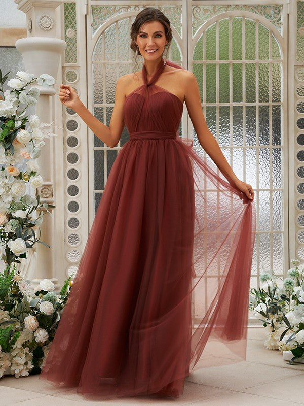 A-Line/Princess Tulle Ruffles Halter Sleeveless Floor-Length Bridesmaid Dresses Evening Dress
