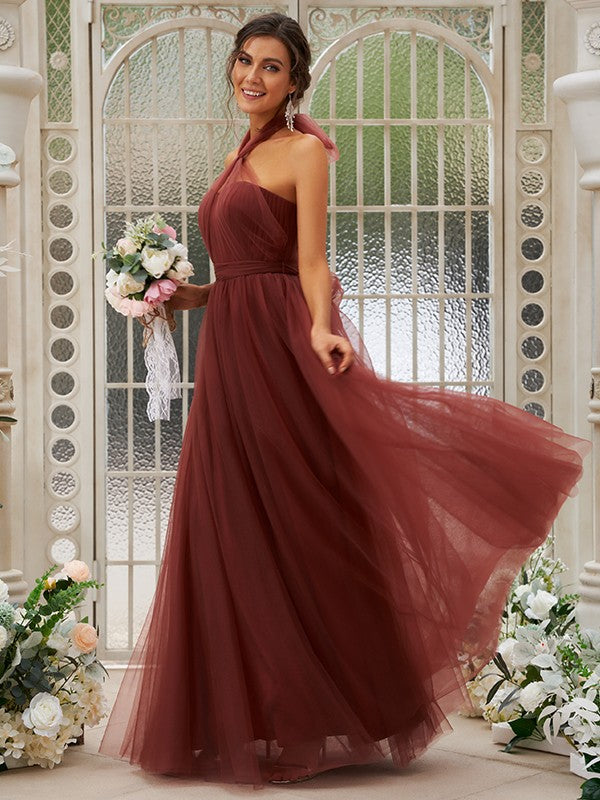 A-Line/Princess Tulle Ruffles Halter Sleeveless Floor-Length Bridesmaid Dresses Evening Dress