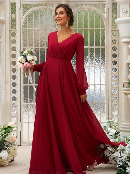 A-Line/Princess Chiffon Ruched V-neck Long Sleeves Floor-Length Bridesmaid Dresses Mother of the Bride Dress