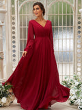 A-Line/Princess Chiffon Ruched V-neck Long Sleeves Floor-Length Bridesmaid Dresses Mother of the Bride Dress