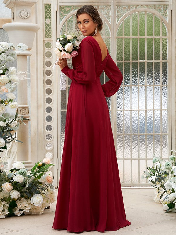 A-Line/Princess Chiffon Ruched V-neck Long Sleeves Floor-Length Bridesmaid Dresses Mother of the Bride Dress