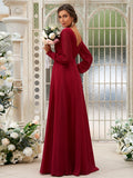 A-Line/Princess Chiffon Ruched V-neck Long Sleeves Floor-Length Bridesmaid Dresses Mother of the Bride Dress
