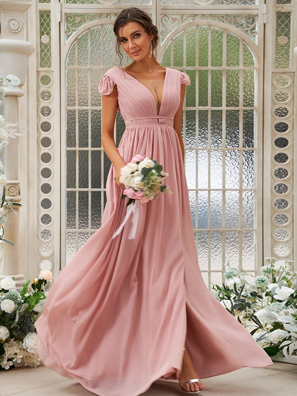 A-Line/Princess Chiffon Ruffles V-neck Sleeveless Sweep/Brush Train Bridesmaid Dresses Evening Dress