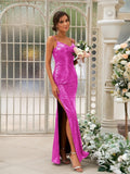 Sheath/Column Sequins Ruched Spaghetti Straps Sleeveless Floor-Length Bridesmaid Dresses Evening Dress