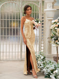 Sheath/Column Sequins Ruched Spaghetti Straps Sleeveless Floor-Length Bridesmaid Dresses Evening Dress