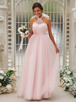 A-Line/Princess Tulle Ruffles Halter Sleeveless Floor-Length Bridesmaid Dresses Evening Prom Dress