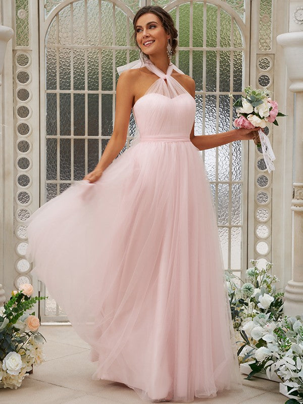 A-Line/Princess Tulle Ruffles Halter Sleeveless Floor-Length Bridesmaid Dresses Evening Prom Dress