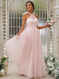 A-Line/Princess Tulle Ruffles Halter Sleeveless Floor-Length Bridesmaid Dresses Evening Prom Dress