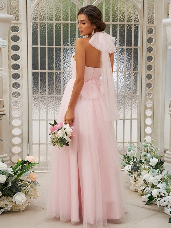 A-Line/Princess Tulle Ruffles Halter Sleeveless Floor-Length Bridesmaid Dresses Evening Prom Dress