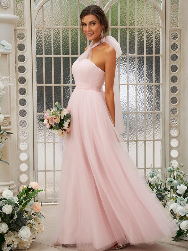 A-Line/Princess Tulle Ruffles Halter Sleeveless Floor-Length Bridesmaid Dresses Evening Prom Dress