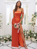 Sheath/Column Silk like Satin Ruched Off-the-Shoulder Sleeveless Sweep/Brush Train Bridesmaid Dresses Evening Dress