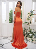 Sheath/Column Silk like Satin Ruched Off-the-Shoulder Sleeveless Sweep/Brush Train Bridesmaid Dresses Evening Dress