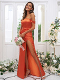 Sheath/Column Silk like Satin Ruched Off-the-Shoulder Sleeveless Sweep/Brush Train Bridesmaid Dresses Evening Dress