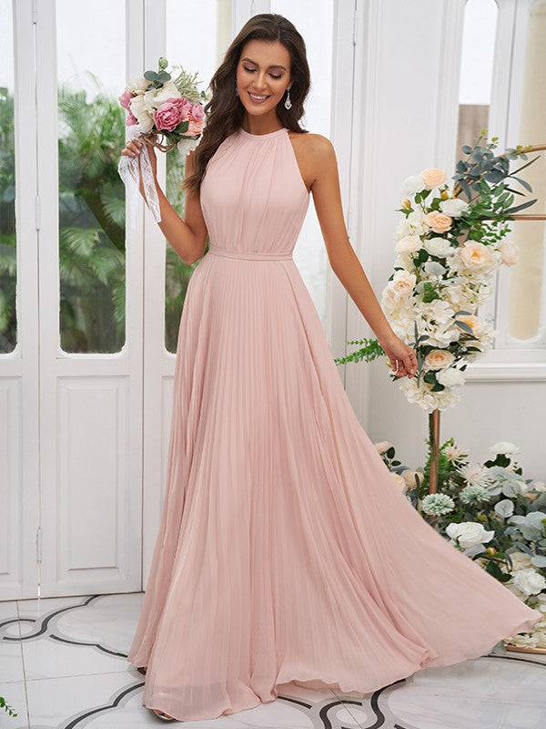 A-Line/Princess Chiffon Ruffles Halter Sleeveless Floor-Length Bridesmaid Dresses Evening Dress