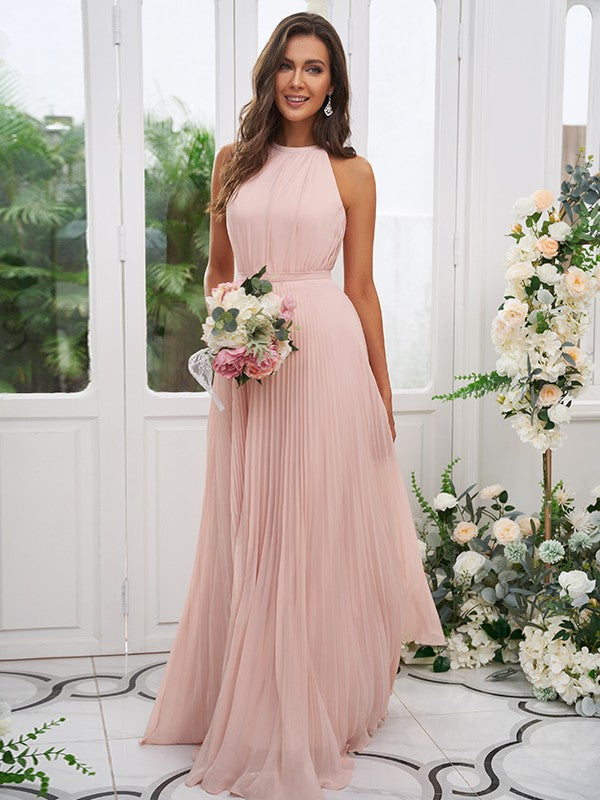A-Line/Princess Chiffon Ruffles Halter Sleeveless Floor-Length Bridesmaid Dresses Evening Dress
