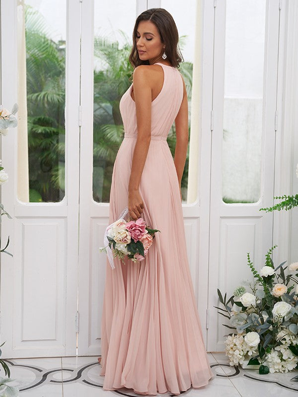 A-Line/Princess Chiffon Ruffles Halter Sleeveless Floor-Length Bridesmaid Dresses Evening Dress