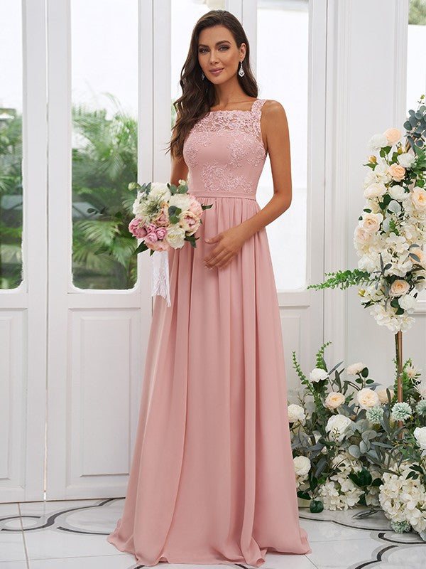 A-Line/Princess Chiffon Applique Square Sleeveless Floor-Length Bridesmaid Dresses Evening Dress