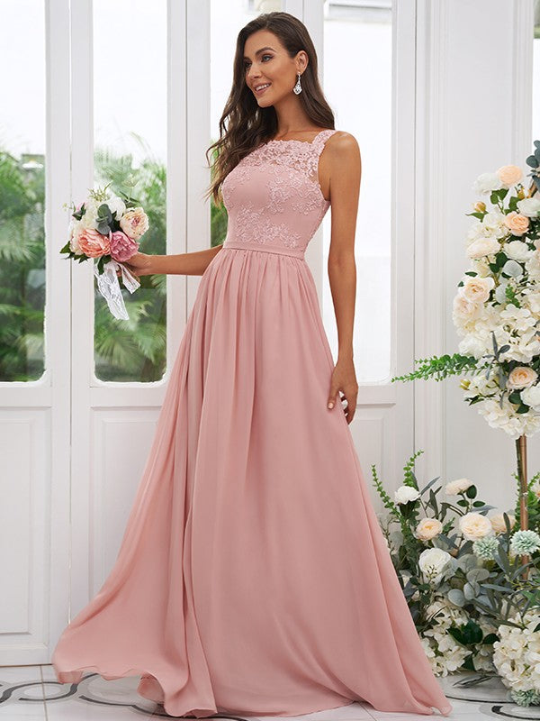 A-Line/Princess Chiffon Applique Square Sleeveless Floor-Length Bridesmaid Dresses Evening Dress