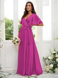 A-Line/Princess Silk like Satin Sash/Ribbon/Belt V-neck Short Sleeves Floor-Length Bridesmaid Dresses Evening Dress