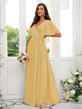 A-Line/Princess Silk like Satin Sash/Ribbon/Belt V-neck Short Sleeves Floor-Length Bridesmaid Dresses Evening Dress