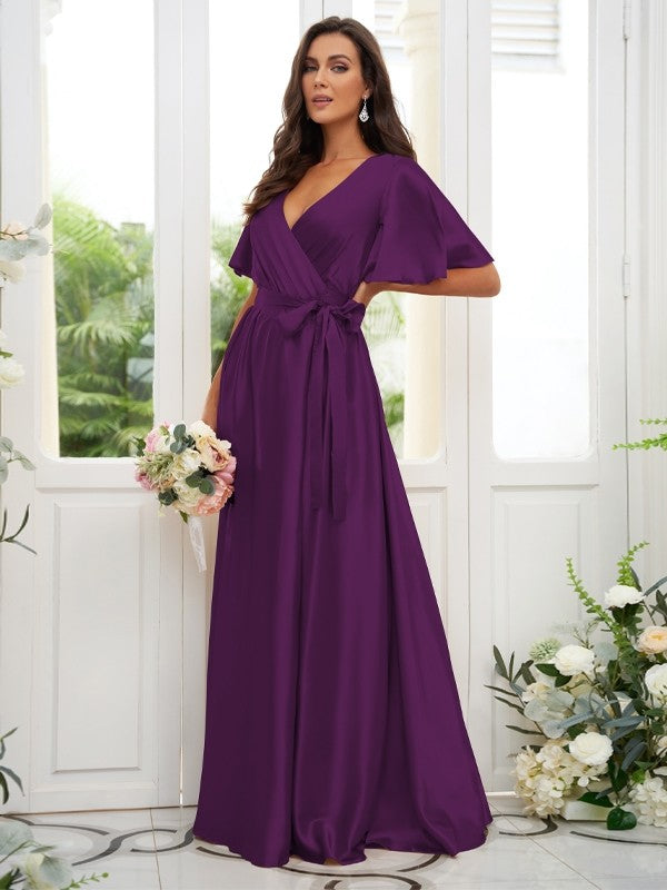 A-Line/Princess Silk like Satin Sash/Ribbon/Belt V-neck Short Sleeves Floor-Length Bridesmaid Dresses Evening Dress