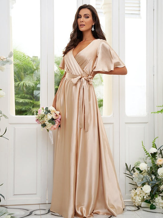 Vestido de dama de honor de corte A/princesa, de satén tipo seda, con faja, cinta y cinturón, escote en V, mangas cortas, largo hasta el suelo, vestido de noche