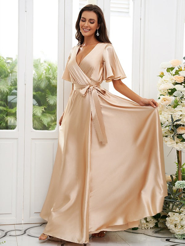 A-Line/Princess Silk like Satin Sash/Ribbon/Belt V-neck Short Sleeves Floor-Length Bridesmaid Dresses Evening Dress
