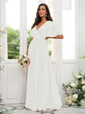 A-Line/Princess Silk like Satin Sash/Ribbon/Belt V-neck Short Sleeves Floor-Length Bridesmaid Dresses Evening Dress