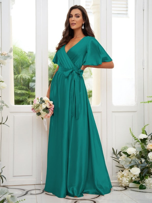 A-Line/Princess Silk like Satin Sash/Ribbon/Belt V-neck Short Sleeves Floor-Length Bridesmaid Dresses Evening Dress