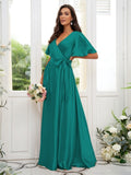 A-Line/Princess Silk like Satin Sash/Ribbon/Belt V-neck Short Sleeves Floor-Length Bridesmaid Dresses Evening Dress