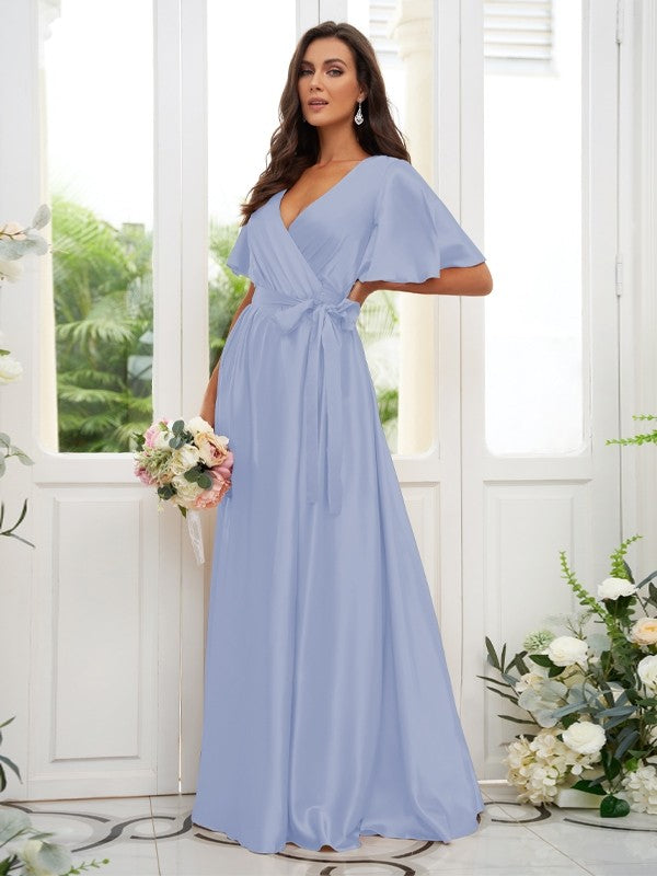 A-Line/Princess Silk like Satin Sash/Ribbon/Belt V-neck Short Sleeves Floor-Length Bridesmaid Dresses Evening Dress