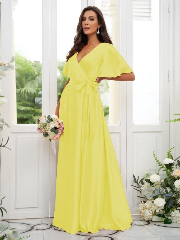 A-Line/Princess Silk like Satin Sash/Ribbon/Belt V-neck Short Sleeves Floor-Length Bridesmaid Dresses Evening Dress