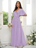 A-Line/Princess Silk like Satin Sash/Ribbon/Belt V-neck Short Sleeves Floor-Length Bridesmaid Dresses Evening Dress
