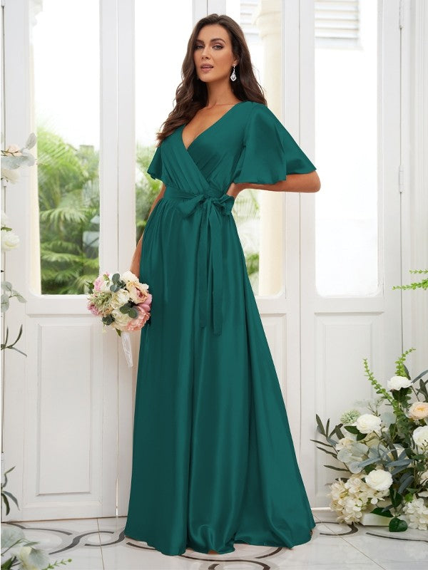 A-Line/Princess Silk like Satin Sash/Ribbon/Belt V-neck Short Sleeves Floor-Length Bridesmaid Dresses Evening Dress