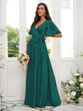 A-Line/Princess Silk like Satin Sash/Ribbon/Belt V-neck Short Sleeves Floor-Length Bridesmaid Dresses Evening Dress