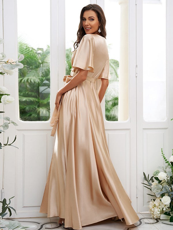 A-Line/Princess Silk like Satin Sash/Ribbon/Belt V-neck Short Sleeves Floor-Length Bridesmaid Dresses Evening Dress