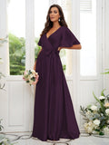 A-Line/Princess Silk like Satin Sash/Ribbon/Belt V-neck Short Sleeves Floor-Length Bridesmaid Dresses Evening Dress