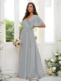 A-Line/Princess Silk like Satin Sash/Ribbon/Belt V-neck Short Sleeves Floor-Length Bridesmaid Dresses Evening Dress