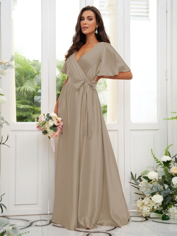 A-Line/Princess Silk like Satin Sash/Ribbon/Belt V-neck Short Sleeves Floor-Length Bridesmaid Dresses Evening Dress