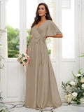 A-Line/Princess Silk like Satin Sash/Ribbon/Belt V-neck Short Sleeves Floor-Length Bridesmaid Dresses Evening Dress