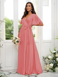 A-Line/Princess Silk like Satin Sash/Ribbon/Belt V-neck Short Sleeves Floor-Length Bridesmaid Dresses Evening Dress
