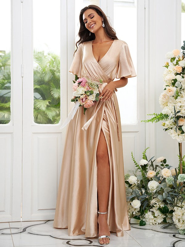 A-Line/Princess Silk like Satin Sash/Ribbon/Belt V-neck Short Sleeves Floor-Length Bridesmaid Dresses Evening Dress