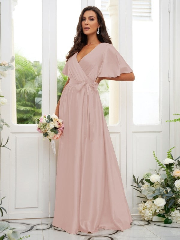 A-Line/Princess Silk like Satin Sash/Ribbon/Belt V-neck Short Sleeves Floor-Length Bridesmaid Dresses Evening Dress