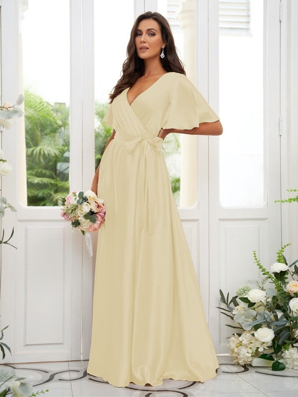 A-Line/Princess Silk like Satin Sash/Ribbon/Belt V-neck Short Sleeves Floor-Length Bridesmaid Dresses Evening Dress