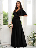 A-Line/Princess Silk like Satin Sash/Ribbon/Belt V-neck Short Sleeves Floor-Length Bridesmaid Dresses Evening Dress