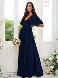 A-Line/Princess Silk like Satin Sash/Ribbon/Belt V-neck Short Sleeves Floor-Length Bridesmaid Dresses Evening Dress