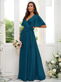A-Line/Princess Silk like Satin Sash/Ribbon/Belt V-neck Short Sleeves Floor-Length Bridesmaid Dresses Evening Dress
