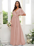 A-Line/Princess Silk like Satin Sash/Ribbon/Belt V-neck Short Sleeves Floor-Length Bridesmaid Dresses Evening Dress