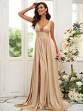 Vestido de dama de honor de corte A/princesa, jersey con volantes, escote en V, sin mangas, cola larga, para invitada de boda